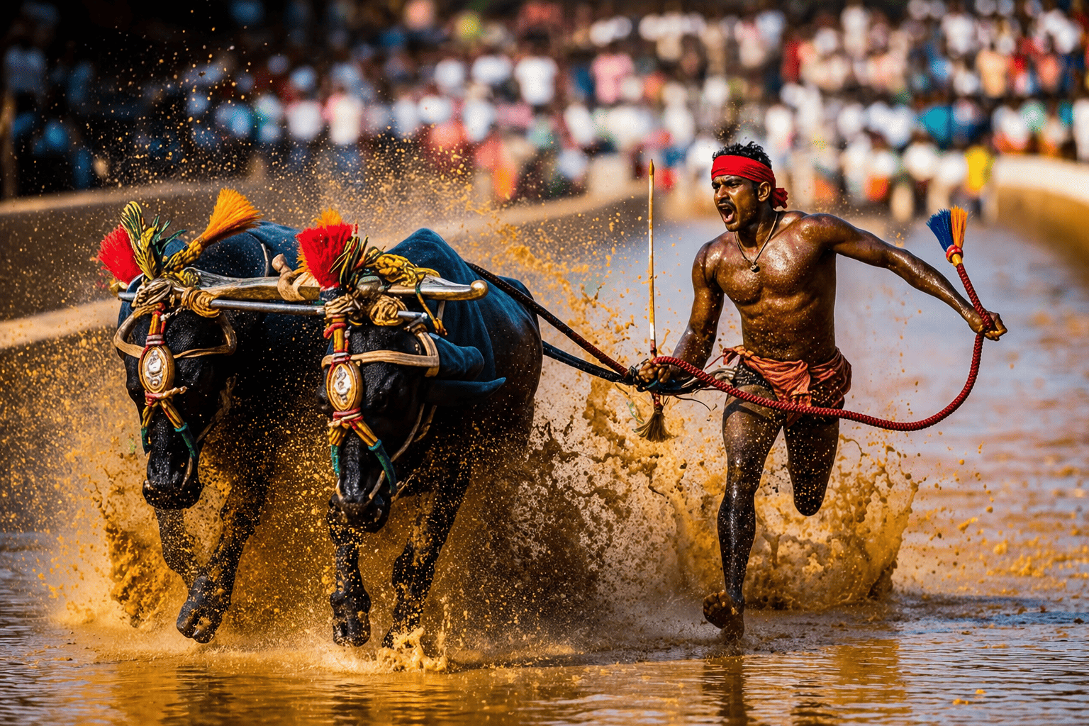 Kambala buffalo race in a paddy field